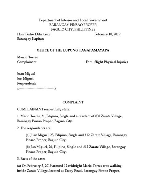 sample complaint letter to barangay captain tagalog|How to File a Complaint Against a Barangay Official in the .